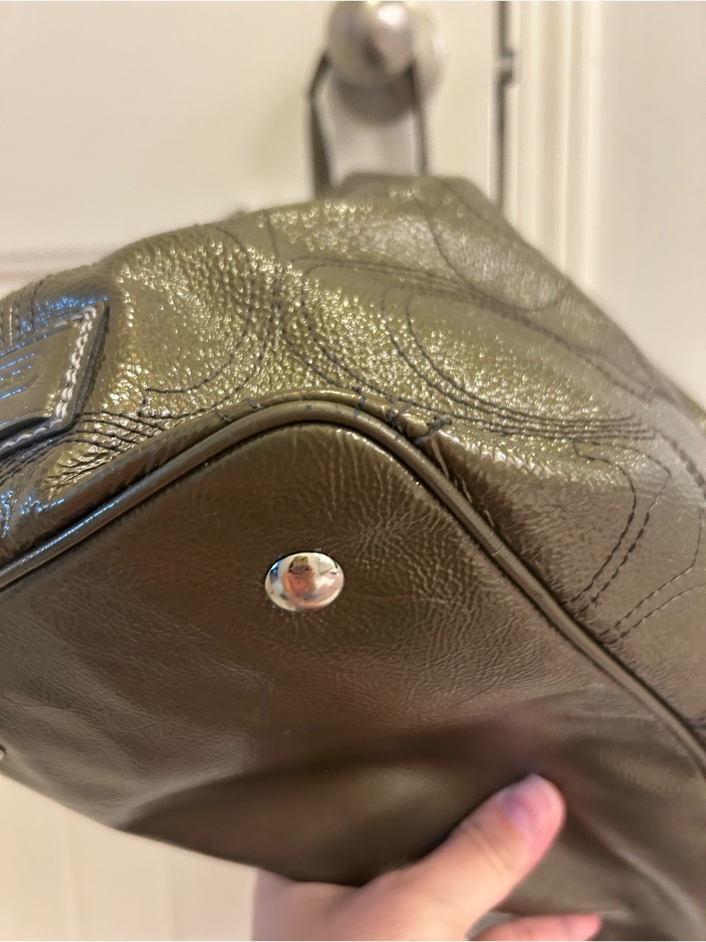 Coach Signature C Stitch Patent Leather Kisslock Satchel Tote Metallic Olive - Picture 4 of 16